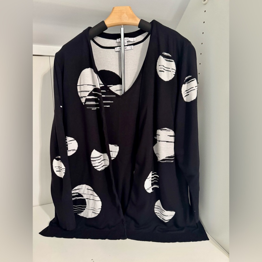 Chico's Moons Rayon Black N White Set. V-Neck Cardigan and Sleeveless Sweater XL